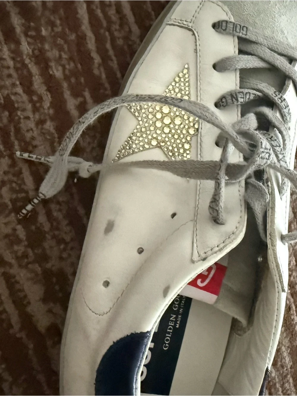 Golden Goose White Leather Sneakers with Gold Crystal Star and Gray Details
